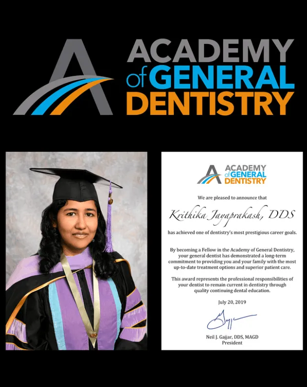 Dr. Krithika Jayaprakash receiving her Academy of General Dentistry fellowship, July 2019